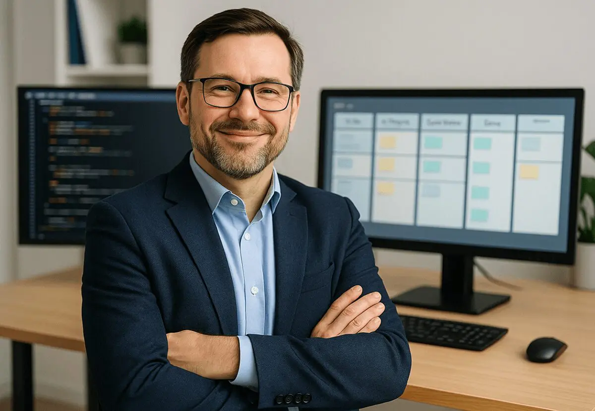 Smiling man in office with computer screens.
