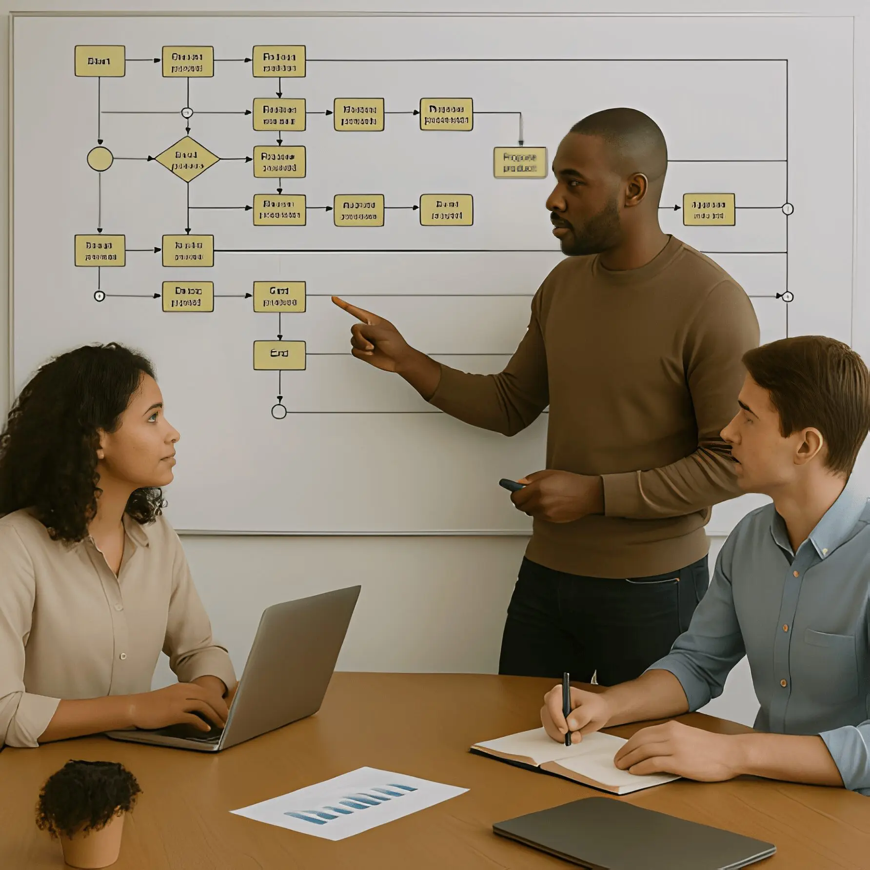 Team discussing flowchart in meeting room.